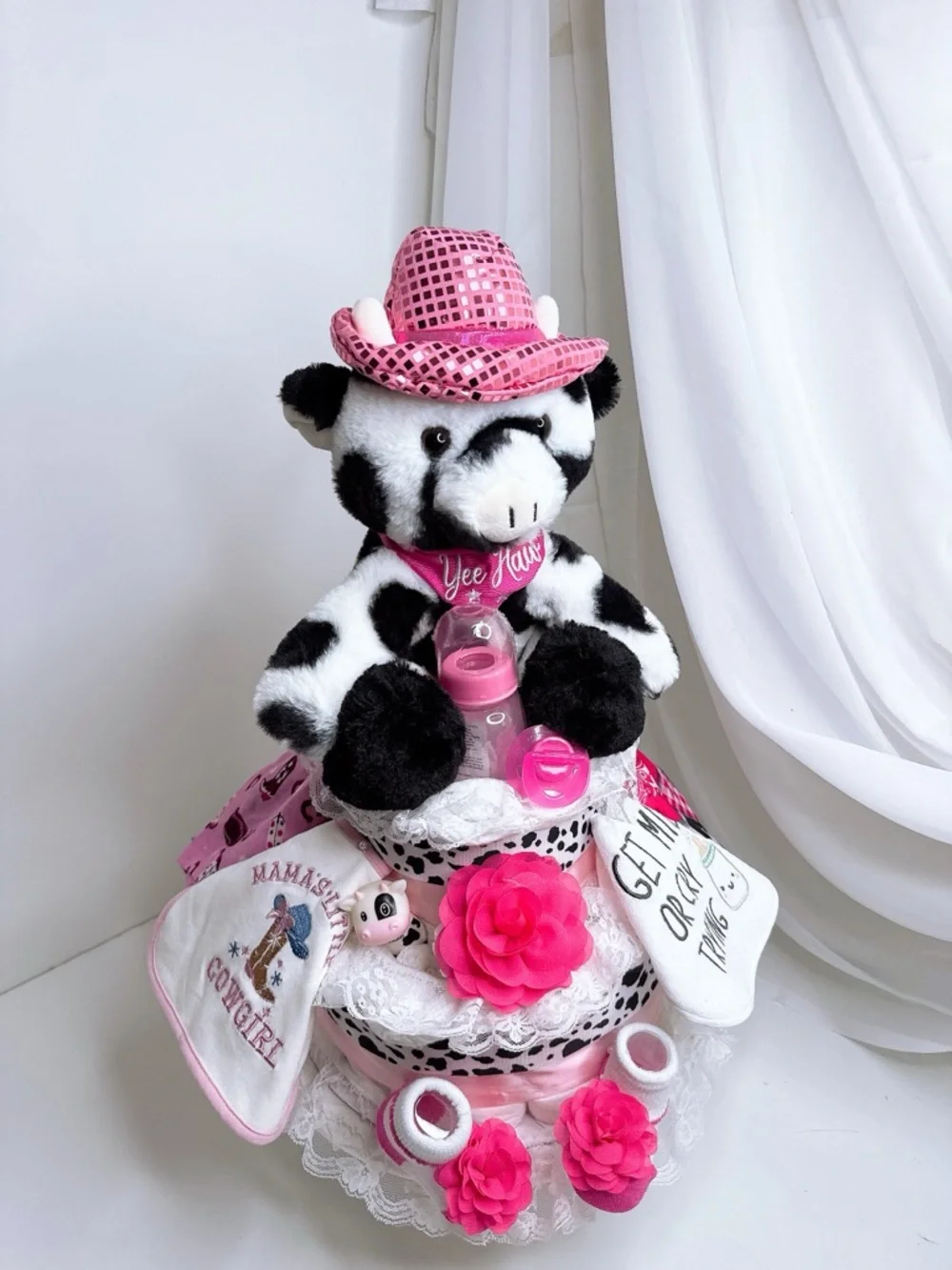 Cowgirl Diaper Cake, Cow Cake, Farm theme, Baby Shower gift